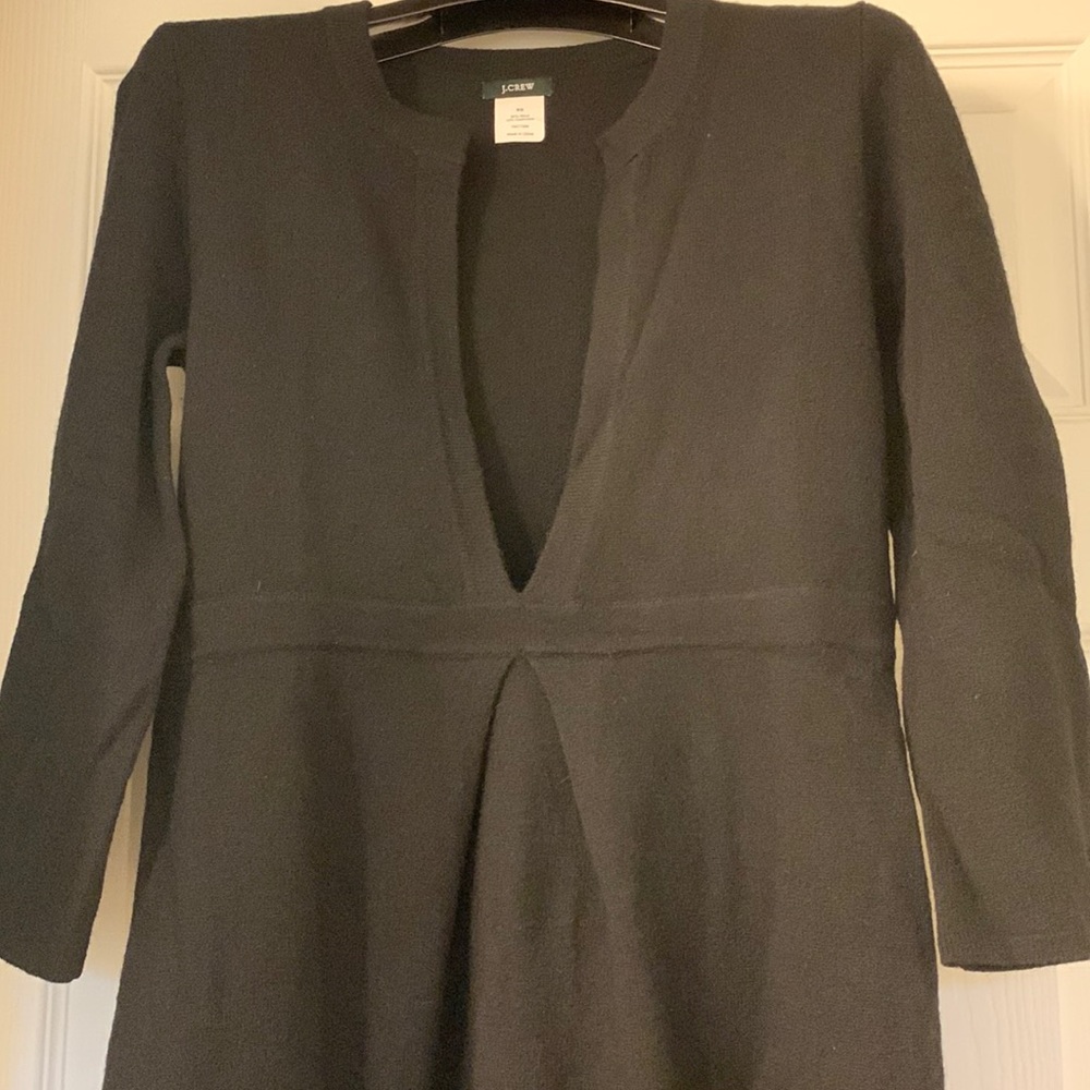 J. Crew XS black wool cashmere blend dress, deep neck, pleat at front and back